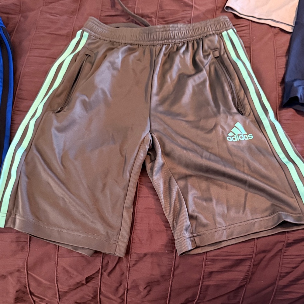 Adidas Men's Athletic Shorts size small.  Blue w/ black strip and grey w/green